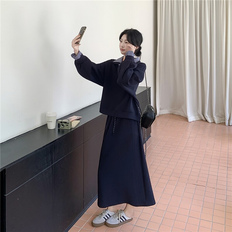 慵懒风穿搭格子拼接卫衣套装女秋季2025新款休闲显瘦半身裙两件套,女装套装/套裙,2C293