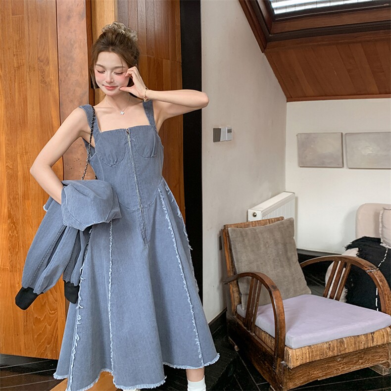 复古设计感牛仔连衣裙套装女2025秋季新款气质短外套背心裙两件套,女装套装/套裙,2C212