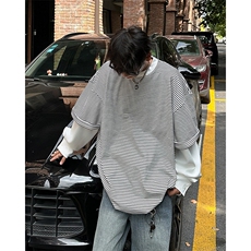 高级感新款男装假两件时尚ins氛围感条纹长袖T恤圆领男女WE12/P48，男装T恤，星座506