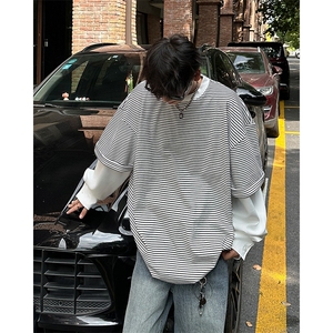 高级感新款男装假两件时尚ins氛围感条纹长袖T恤圆领男女WE12/P48图片