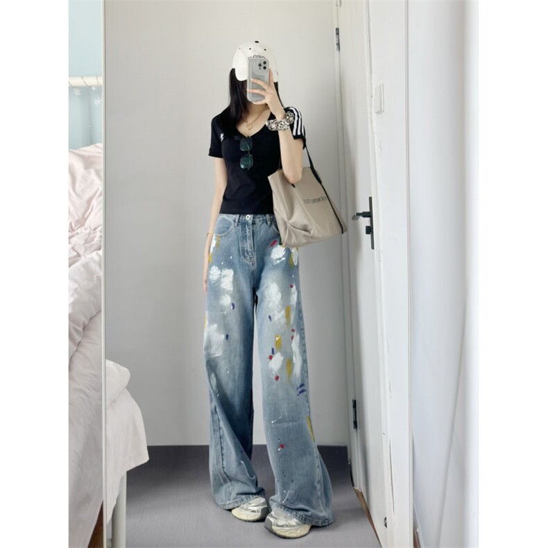 【有货】美式复古涂鸦扎染牛仔裤男女同款宽松裤子NZ803WW-特P55图片