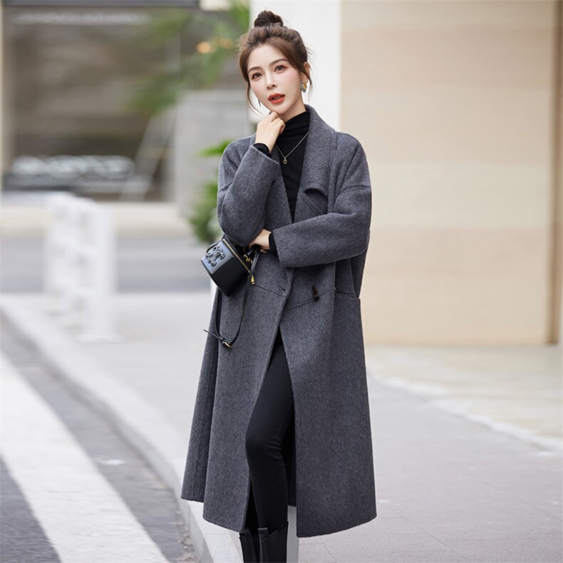 深灰双面羊绒大衣女中长款宽围巾松杭州秋冬韩版时尚毛呢外套,女装毛呢外套,乐吉娜