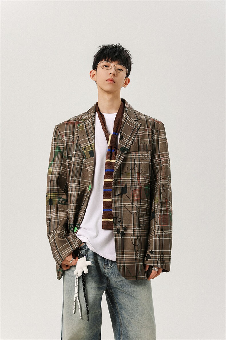 满印涂鸦印花西装外套男2025秋季新款宽松休闲西服-A2191P80控138,男装西服,电商B241