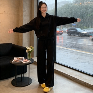 秋季新款时尚休闲减龄套装女纯色连帽长袖卫衣高腰阔腿长裤两件套图片