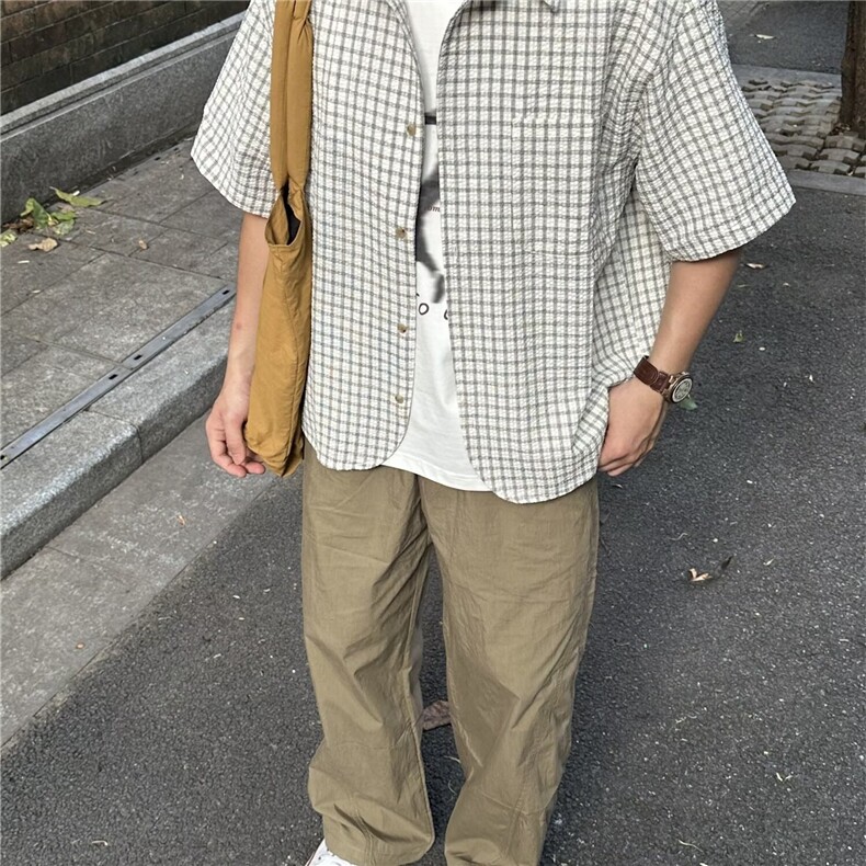 夏季新款日系复古小众格子短袖衬衫男女休闲宽松小众设计感衬衣潮,男装T恤,星座1210-1