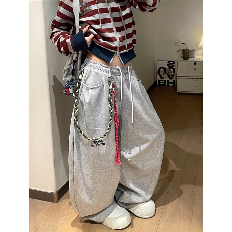 大码胖mm美式复古运动裤女垂感显瘦阔腿弯刀卫裤配绑绳L90700-P50图片