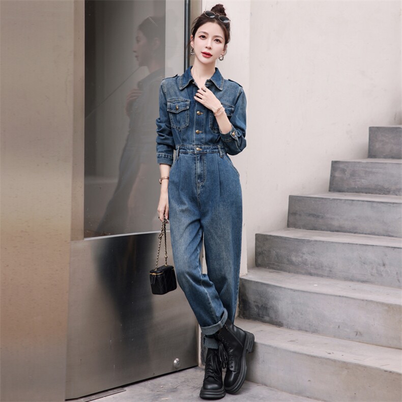 (现货)工装牛仔连体裤女2026年新款春秋高级感气质显瘦减龄连衣裤,女装连体裤,印象茜