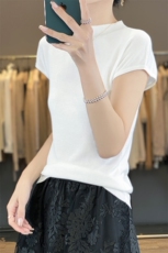 春夏新款圆领精纺羊毛针织短袖t恤女内搭夏季包袖无袖上衣修身潮，女装针织衫/毛衣，雪真羊绒