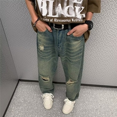 复古破洞牛仔裤水洗做旧vibe裤子美式高街男女直筒长裤KN8036-P45，男装牛仔裤，星座1008-1