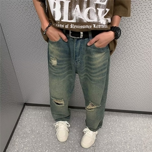 复古破洞牛仔裤水洗做旧vibe裤子美式高街男女直筒长裤KN8036-P45图片