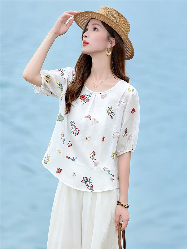 重工刺绣纯苎麻小衫女2026夏新款休闲宽松短款衬衫百搭上衣,女装衬衫,余墨