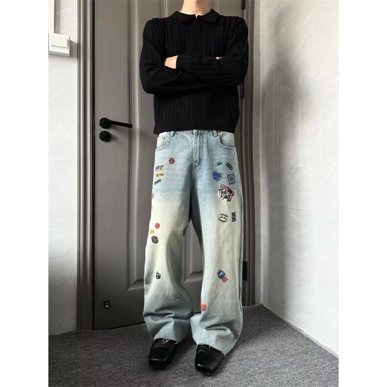 日系复古刺绣阔腿牛仔裤2025秋季新款男女款身材显瘦宽松拖地裤,男装牛仔裤,星座506A
