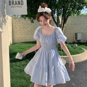 法式方领泡泡袖连衣裙女蓝色收腰A字裙公主风223-1369P130K178，女装连衣裙，莘蕾