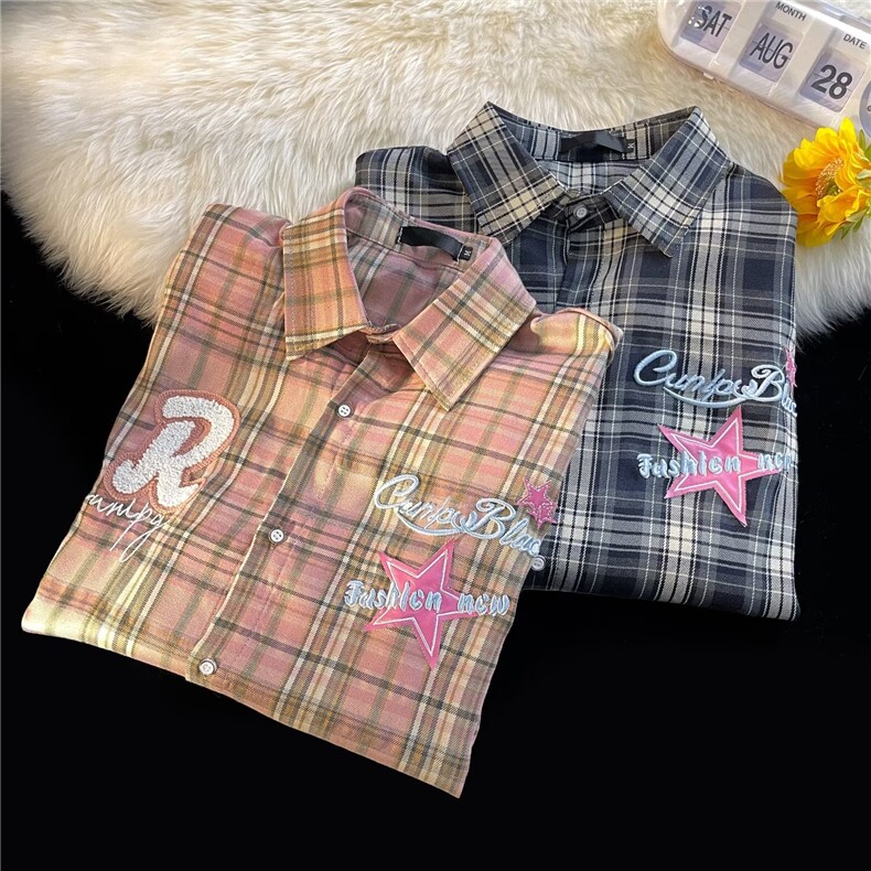 美式复古粉色格子刺绣短袖衬衫男女宽松夏季情侣衬衣S1264-p35,男装T恤,星座1008-1