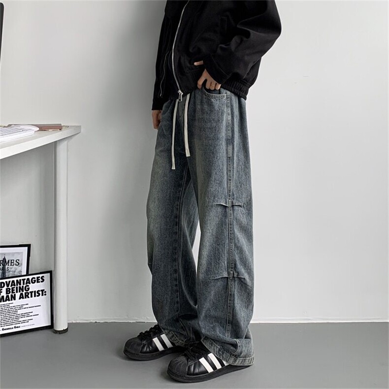 主推【S-4XL】现货！美式复古褶皱水洗裤子男A080-8203-P65控88,男装牛仔裤,电商A080