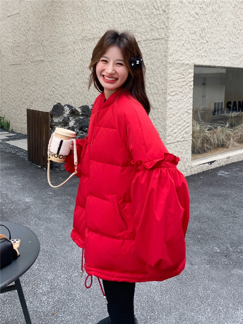 花边拼接白鸭绒棒球羽绒服女2025冬装保暖外套小个子跨年圣诞好看,女装羽绒服,艾米莉亚