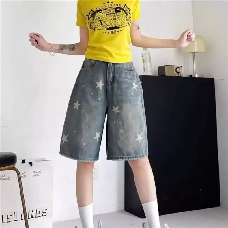 AK2299-P45美式高街阔腿牛仔五分裤5夏季新款宽松百搭直筒裤,女装休闲裤,星座617A-2