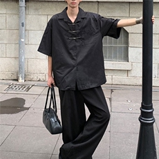 新中式男装风金属扣短袖衬衫男高级感民学生装衬衣薄款外套，男装衬衫，星座506A