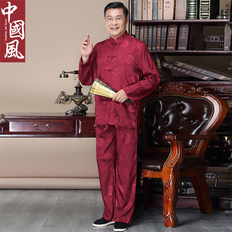 长年货风中老年唐装男士春夏长袖套装丝绸衬衫,男装中老年男装,钱塘723