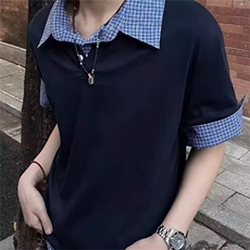 假两件拼接格纹POLO衫男夏季美式复古宽松休闲新款短袖t恤CS091，男装T恤，星座208-5
