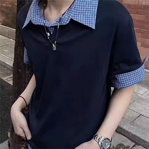 假两件拼接格纹POLO衫男夏季美式复古宽松休闲新款短袖t恤CS091图片