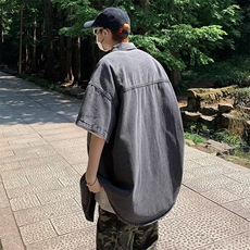 牛仔衬衫男短袖夏季薄款港风高级感潮牌潮流痞帅宽松休闲工装衬衣，男装衬衫，星座601-2