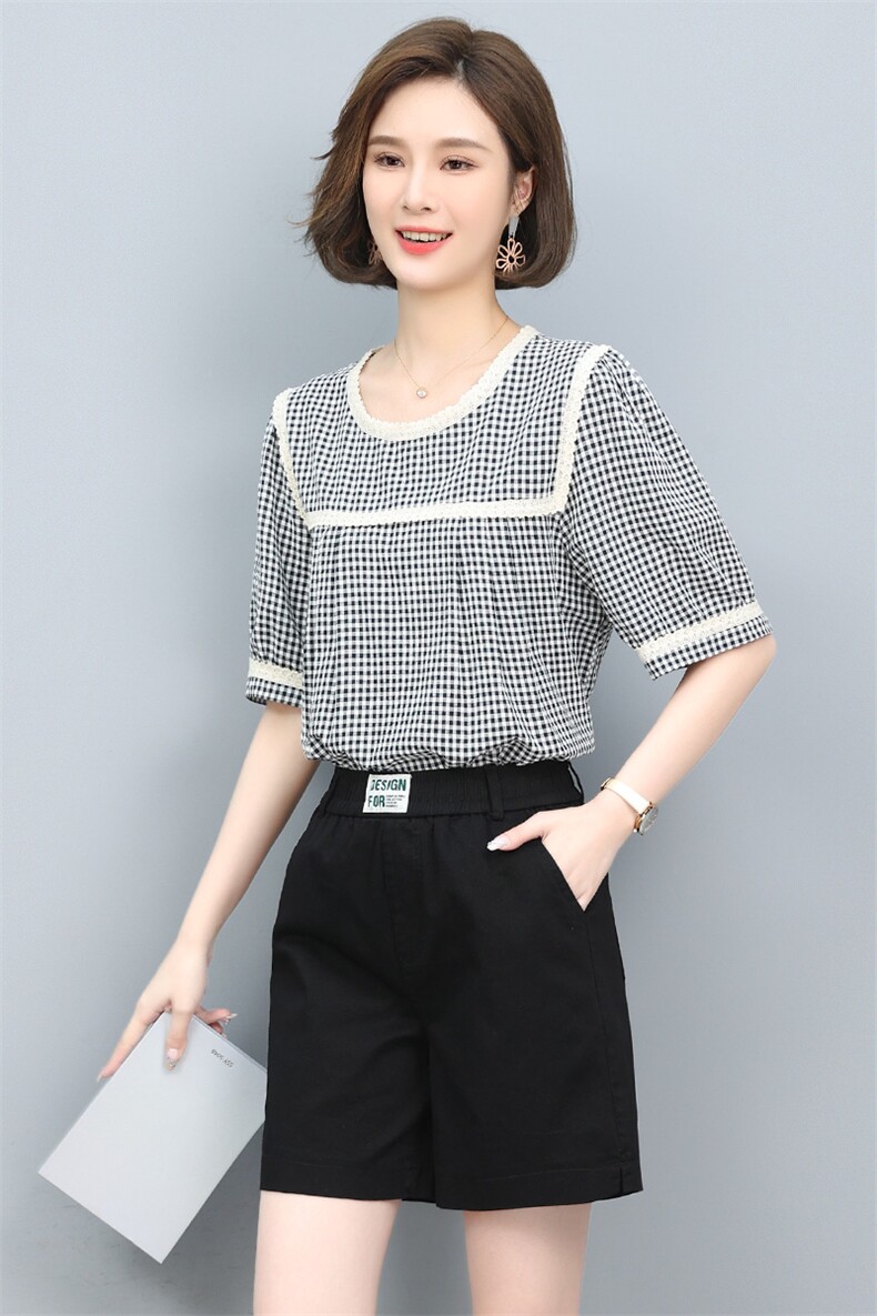 短裤套装夏季女2024新款宽松显瘦格子上衣洋气减龄时尚两件套,女装套装/套裙,涵誉