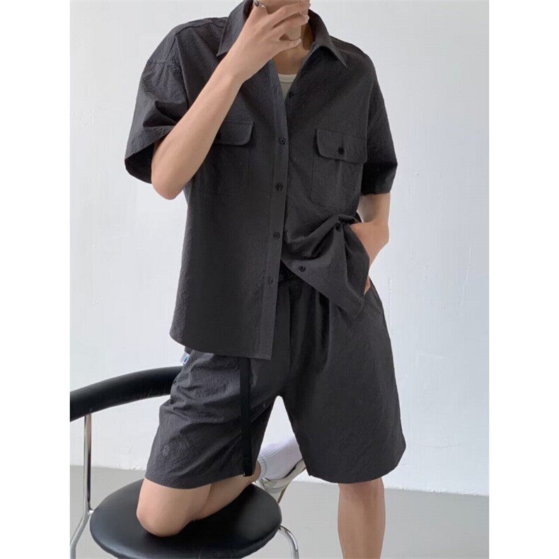 CP1216-P36日系复古短袖衬衫男女双口袋少泡泡纱工装衬衣,男装T恤,电商B323A