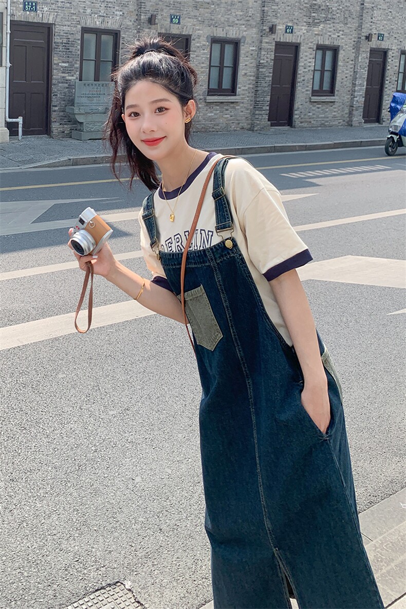 现货夏装新款水洗牛仔背带连衣裙女小个子韩版开叉牛仔裙,女装连衣裙,韩秀