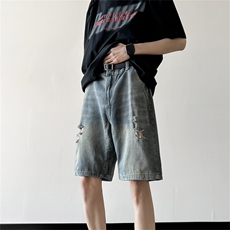 破洞牛仔短裤男夏季薄款2024新款美式复古裤子宽松潮牌大码五分裤，男装牛仔裤，星座410-7