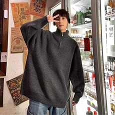 抖音得物保暖立领拉链针织外套秋冬宽松慵懒风纯色毛衣上衣AM01，男装针织衫/毛衣，电商A443