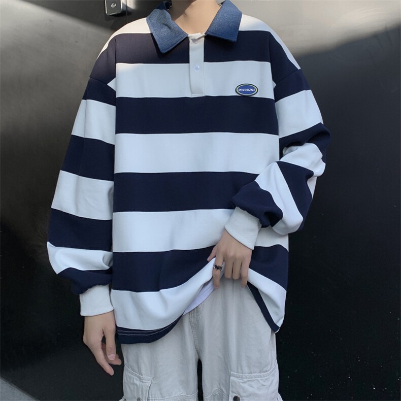 日系Cityboy条纹翻领卫衣男秋季宽松撞色polo衫长袖男学院风上衣,男装卫衣,星座410-6（原星座1304-1）
