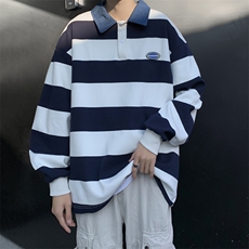 日系Cityboy条纹翻领卫衣男秋季宽松撞色polo衫长袖男学院风上衣，男装卫衣，星座410-6（原星座1304-1）