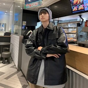 男秋季外套潮牌街头机车黑色皮衣A109P60图片