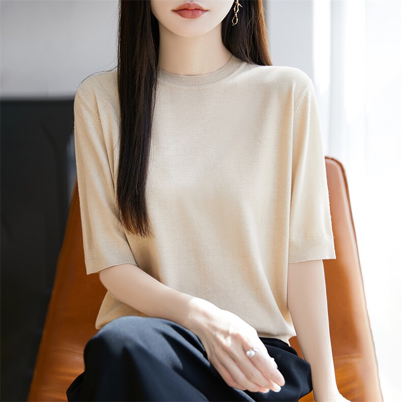 圆领天丝五分袖针织T恤女2025夏宽松正肩中袖薄款打底衫纯色上衣图片