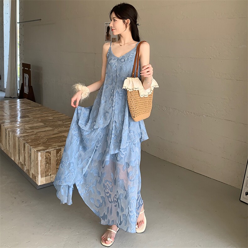 高级感多层拼接重工提花吊带连衣裙,女装连衣裙,纯色衣恋
