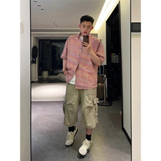 【网图有货】粉色泡泡纱衬衫男设计感高级感短袖衬衣G156LL-特P35，男装衬衫，星座1007（原301D）