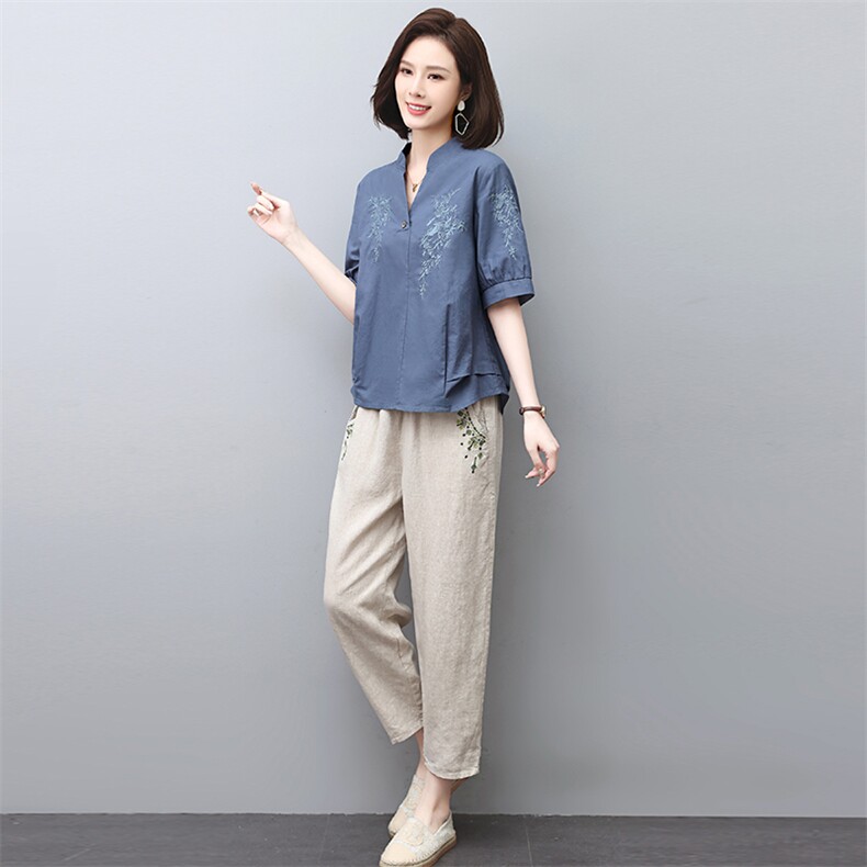 休闲棉麻套装女2024夏季新款宽松妈妈减龄遮肉显瘦刺绣亚麻两件套,女装套装/套裙,涵誉