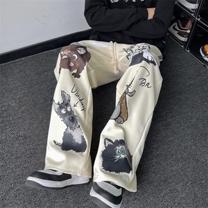 秋季潮牌卡通印花阔腿卫裤男美式hiphop直筒休闲长裤 K7532-P43图片