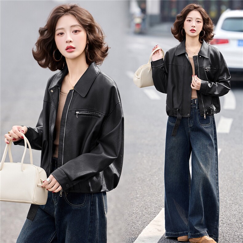 已出货春装新品咖色皮衣外套女小个子美拉德复古时尚显瘦皮夹克,女装皮衣,吾爱衣