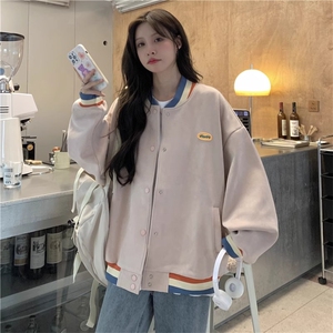 F2479-P55 皮粉色麂皮绒外套 学院风学生情侣棒球服上衣图片