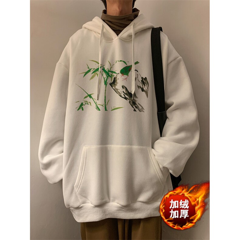 华棉连帽秋冬男装卫衣潮加绒加厚鸟语花香加肥加大码胖子外套图片