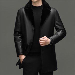 BG-H23008海宁男式山羊皮真皮皮衣男脱卸水貂内胆翻领夹克皮克服图片