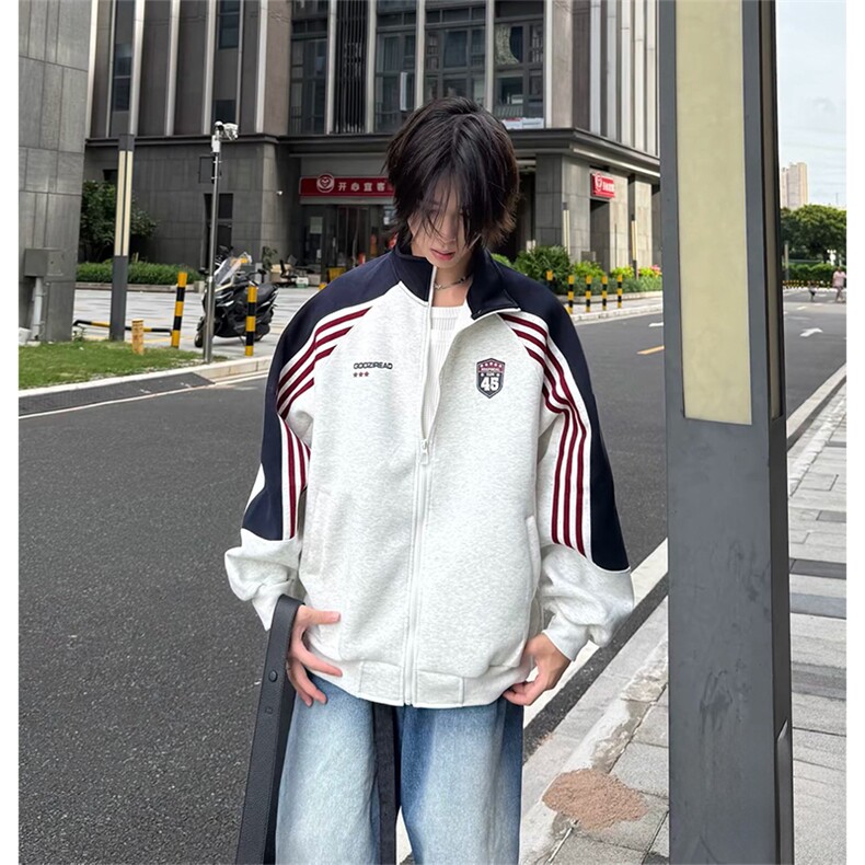 抖音得物秋美式高街重磅结构织带拼接撞色立领卫衣外套ACM4101,女装短外套,电商A443