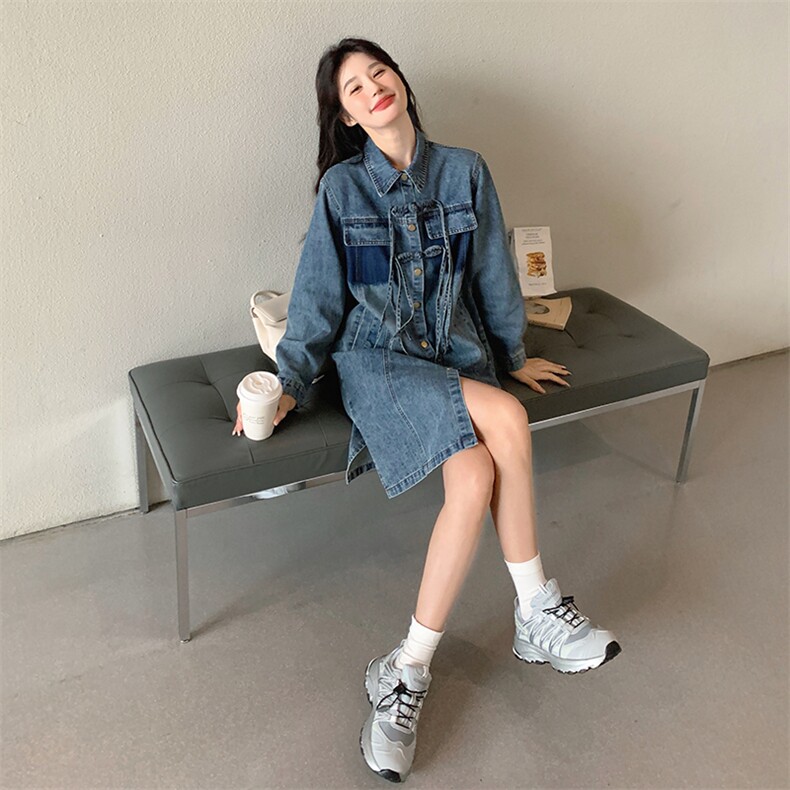 新中式牛仔连衣裙女2024春秋新款高端复古百搭衬衫裙,女装连衣裙,点滴