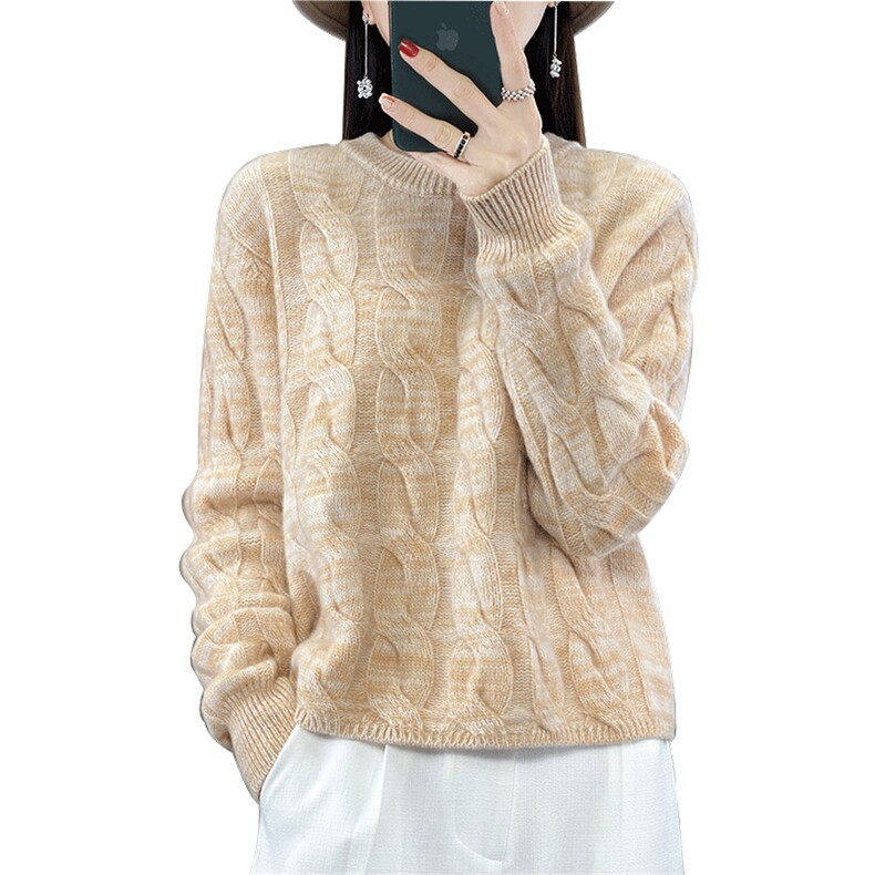 新款秋冬女士毛衣圆领套头慵懒风宽松显瘦长袖短款针织羊毛衫,女装羊毛衫,蒙特羊绒