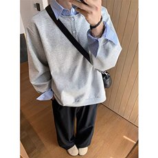 撞色假两件拼接条纹长袖T恤男秋季复古美式潮牌衬衫情侣正肩卫衣，男装卫衣，星座1008