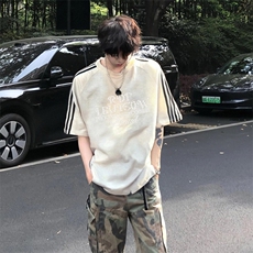抖音得物高品质二开240克宽松纯棉美式潮牌三条杠织带短袖T恤，男装T恤，电商A486