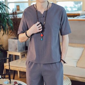 DY16*夏季2021男士棉麻短袖T恤套装长裤两件套装男 灰蓝 *P55图片