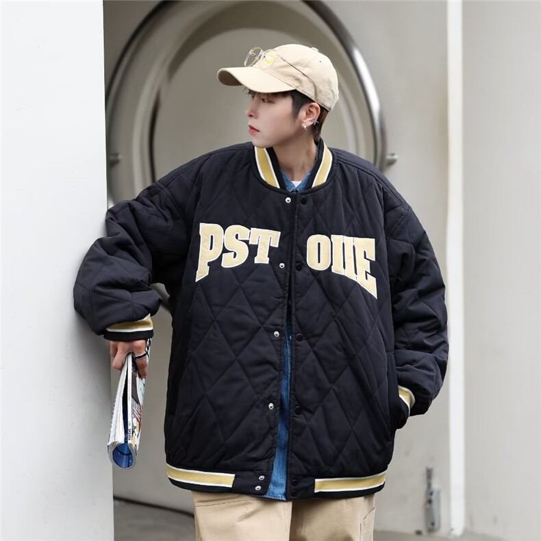 美式菱形格棉服男冬季加厚潮流痞帅外套棉衣棒球服1383-P75,男装棉衣,星座910-5